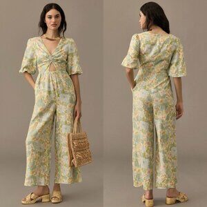Sancia Anthropologie Pastel Yellow Blue Floral Aida Linen Short Sleeve Jumpsuit